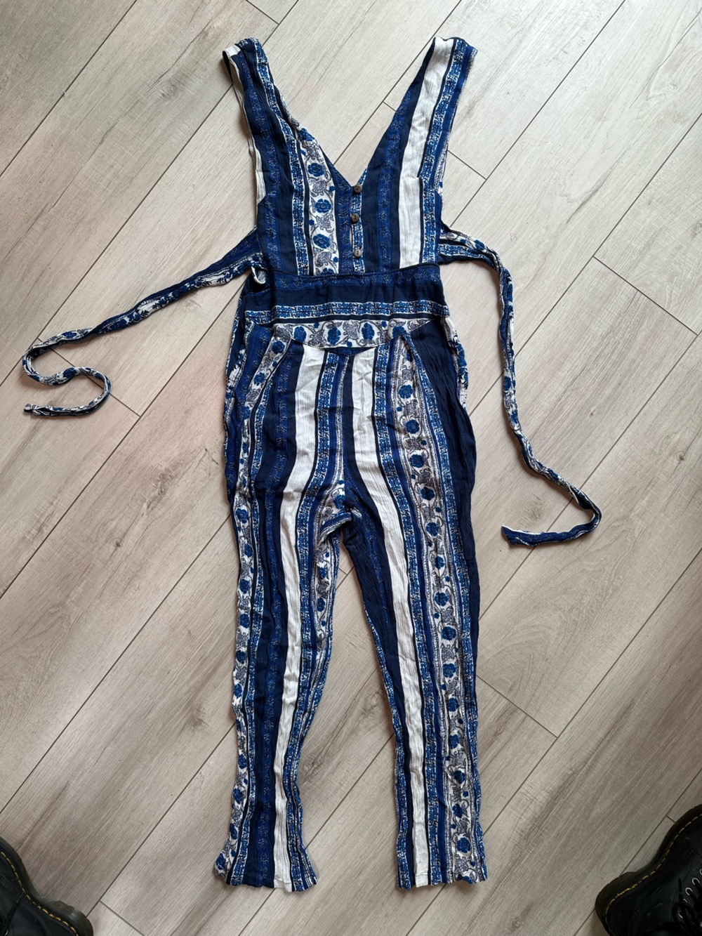 Free People Navy & White Striped Floral Jumpsuit